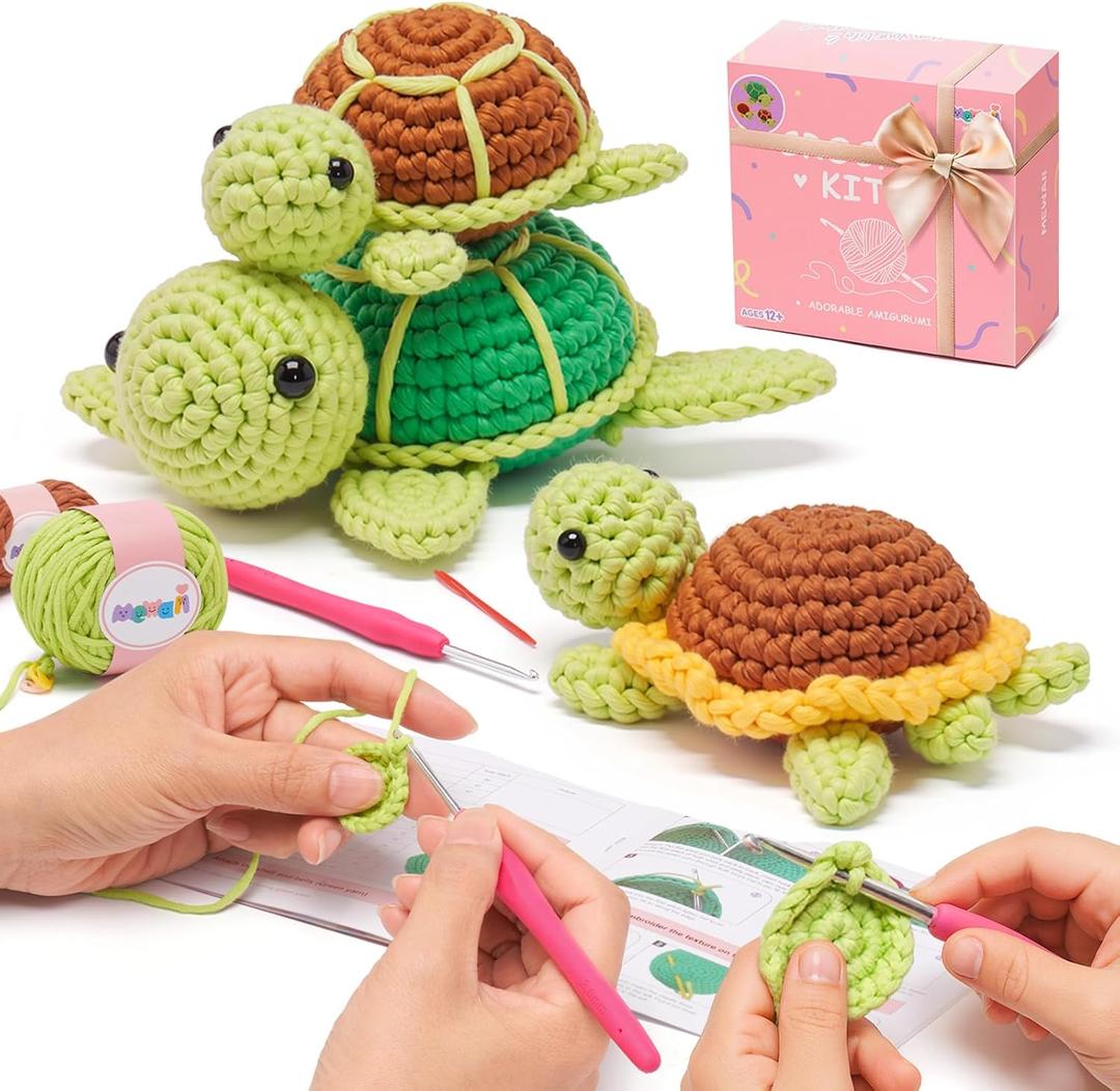 Mewaii Beginner Crochet Kit with 40% Extra Yarn, Pre-Started Yarn & Video Tutorials - 3 Sea Turtles Craft Set for Adults & Kids (Brown and Green)