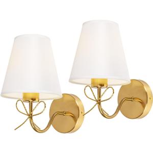 Antique Brass Wall Sconces Set of Two, Bow Sconces Decor Gold Wall Lights Brass Brushed Gold Sconce with Fabric Shade, E26 110V Hardwired Wall Lamps Indoor for Bedroom, Living Room, Doorway