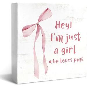 JXREQ Coquette Pink Bow Room Decor Wall Decor for Home Office Bathroom Desk Tabletop, Preppy Pink Bow Wooden Box Sign for Teen Girls Dorm Bedroom, I'm Just A Girl Gifts, 5x5 Inch 2 PACK