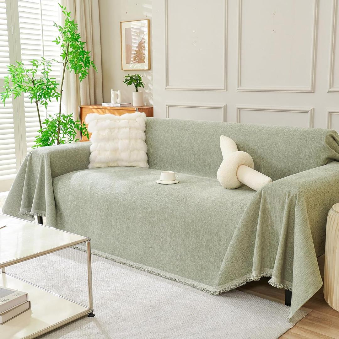 DREAMINGO Sofa Covers Washable Thick Chenille Couch Cover for 3 Cushion Couch Sofa Multi-Use Couch Cover Blanket Modern Pet Furniture Protector Sectional Couch Slipcover 71"x134", Sage Green (A5# Sage Green(fringed Edge))