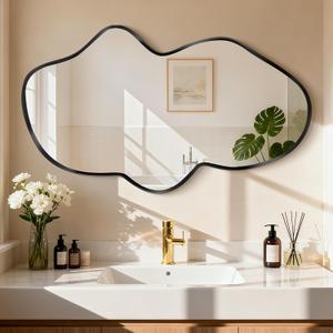 Irregular Wall Mirror, Black Bathroom Wavy Abstract Mirror for Over Sink, Decorative Cloud-Shaped Wall Mirror, Stylish Shatter-Proof HD Mirror for Bedroom, Entryway (22"x36", S, 1 Pack)