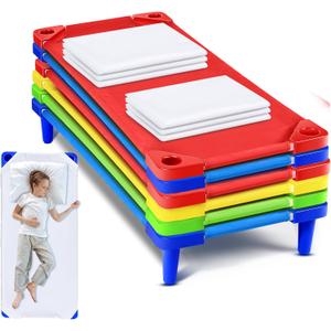 12 Pcs Stackable Daycare Cots for Kids with Sheets 54 l x 23 W T Kids Cots Furniture Bed Frames Headboards Footboards for Sleeping and Daycare (Multicolor), Twin