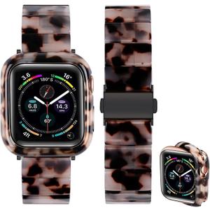 Band with Case Compatible with Apple Watch 46mm 45mm 44mm 42mm 41mm 40mm 38mm,Women Men Fashion Resin Strap Bumper for iWatch Series 11/10/9/8/7/SE/6/5/4/3/2/1 (Black Ivory Tortoise1)