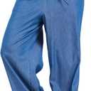 KYAL Womens Summer Palazzo Pants High Waist Wide Leg Lounge Trousers Lightweight Drawstring Elastic Waist Loose (X-Small, Kyal-20240051-denim)