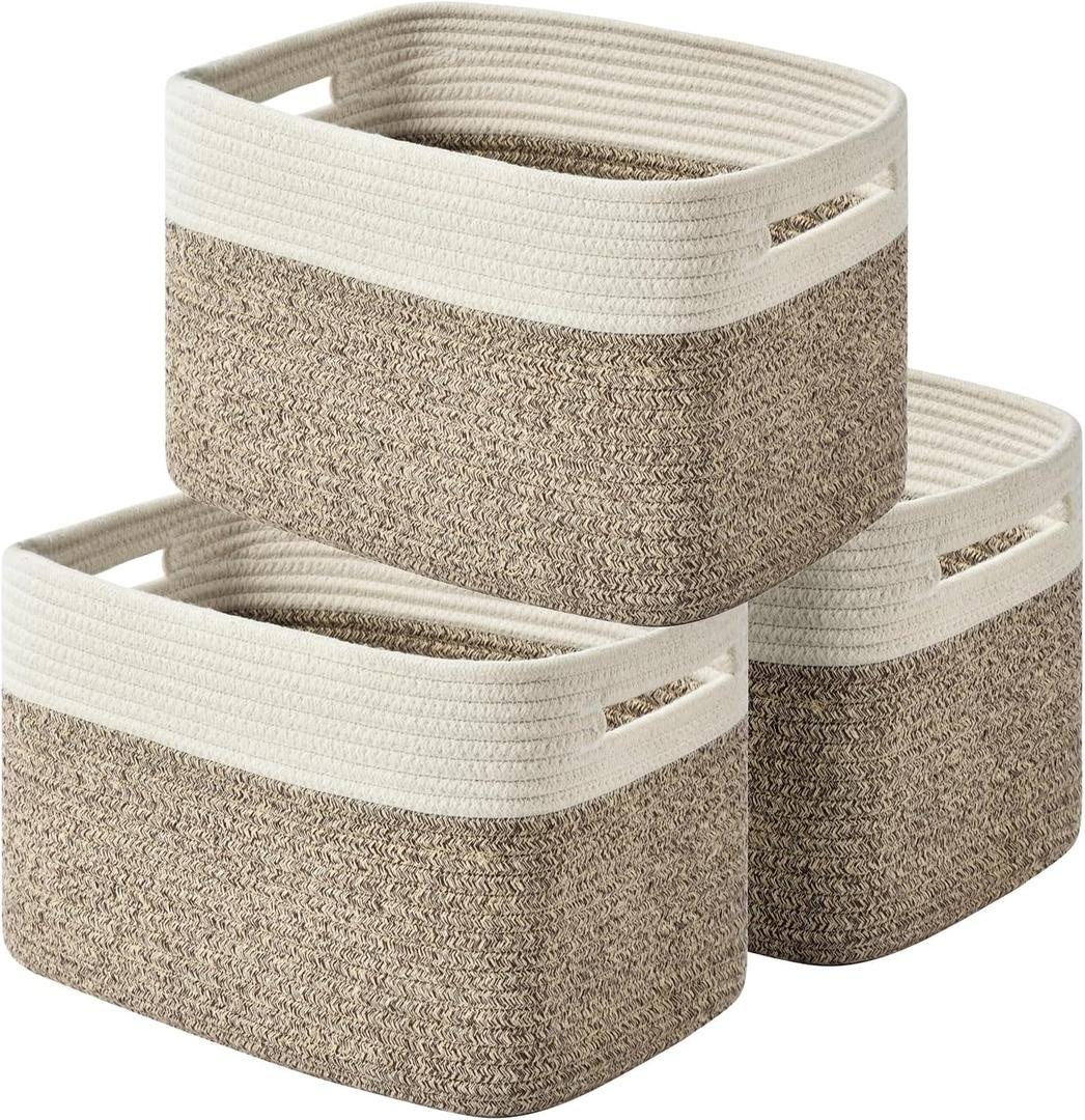 Storage Basket,Woven Baskets for Storage,Cotton Rope Baskets for Organizing,book Basket,towel,Toy Basket or Storage Bins for Living Room - 3 Pack,Brown