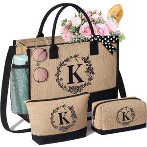 Personalized Gifts for Women Tote Bag, Initial Jute Tote Bag & Makeup Bags Monogrammed Beach Bag w/ Zipper, Mothers Day Birthday Gifts for Women Her Friends Mom Daughter Sister Grandma Teacher Nurse