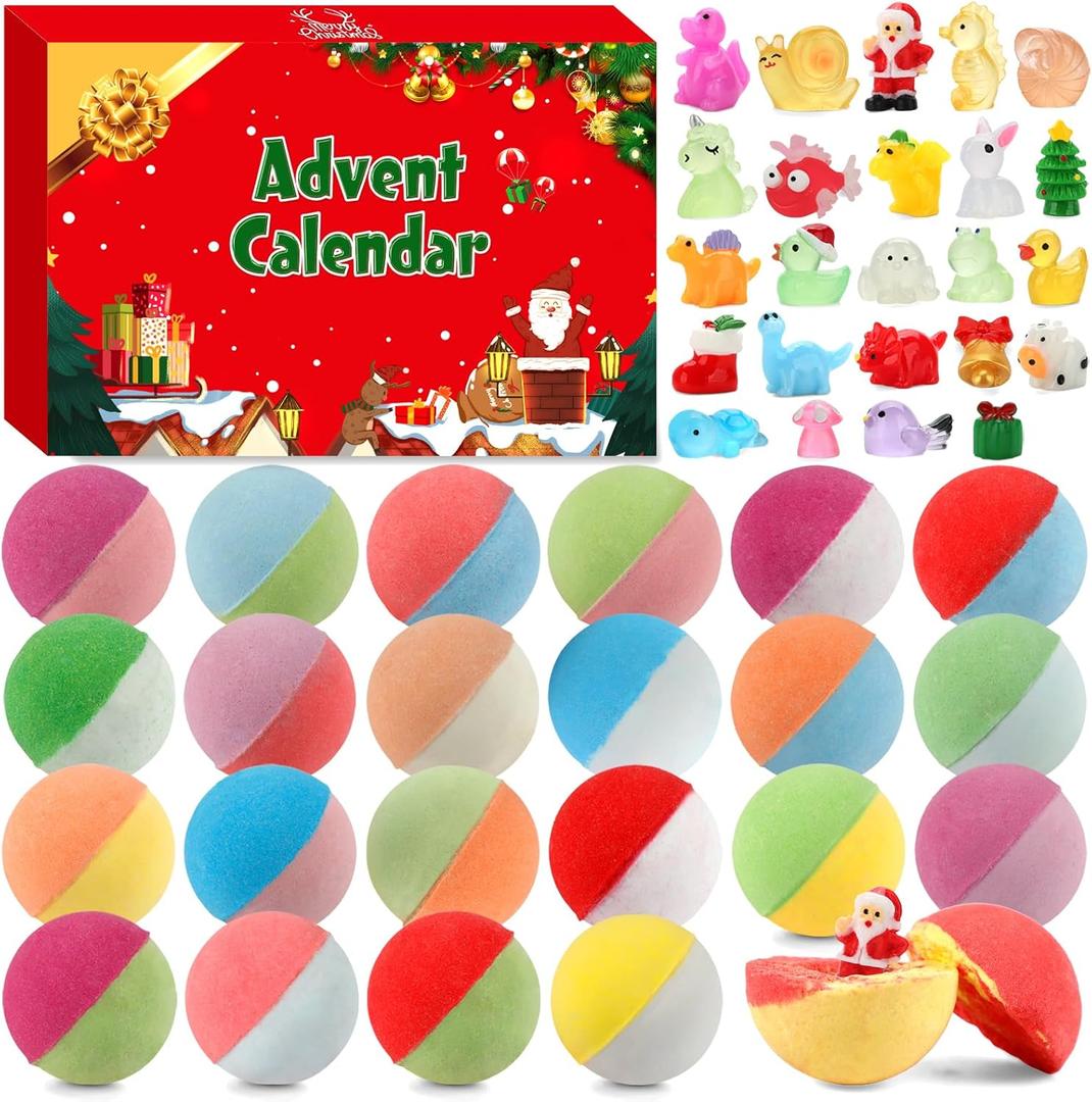 Advent Calendar 2025, 24 Pcs Bath Bombs for Kids Christmas Gifts for Teens Girls Boys Bubble Bath Bomb With Toys Inside Stocking Stuffers Natural Organic Self Care Gifts for Women Men Stress Relief