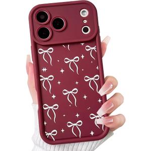 NITITOP Compatible with iPhone 17 Pro Case Cute Trendy Ribbon Bow Knot Star Aesthetic Design for Women Girls Stylish Soft TPU Silicone Shockproof Full Camera Protective Cover - Wine Red