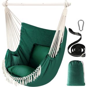 Chihee Hammock Chair Hanging Swing Max 500 Lbs 2 Cushions Included Metal Spreader Bar with Anti-Slip Grooves Portable Hanging Chair Side Pocket Large Macrame Bohemian Chair Indoor Outdoor (130x100cm, Dark Green)