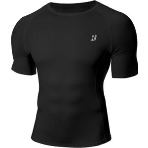 Roadbox Compression Shirt Men Short Sleeve, Cool Dry Base Layer Athletic Undershirts, Workout T-Shirt for Sports Gym Running (Black, XL)
