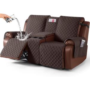 KinCam 100% Waterproof Recliner Loveseat Cover with Console, Non-Slip Reclining Couch Covers for 2 Seat, Recliner Sofa Cover Furniture Protector with Elastic Straps for Kids, Pets, Chocolate