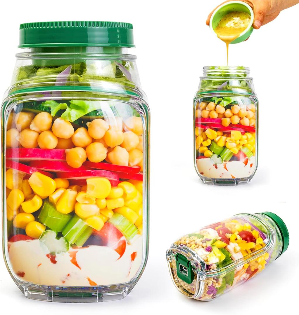 Salad To Go Food Container Durable Food Grade Salad Jar with Side Opening Anti-Sogging Food Containers for Lunch, Meal Prepping Non-BPA Dishwasher and Microwave Safe Tritan 30 oz