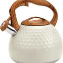GGC Tea Kettle for Stove Top, Loud Whistling Kettle for Boiling Water Coffee or Milk, 3.1 Quart 3L Heavy Stainless Steel White Kettles with Wood Pattern Handle, Unique Button Control Kettle Outle