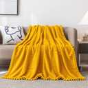 DISSA Fleece Blanket Throw Size 51x63, Yellow Soft, Plush, Fluffy, Fuzzy, Warm, Cozy Perfect for Couch, Bed, Sofa - with Pompom Fringe Flannel