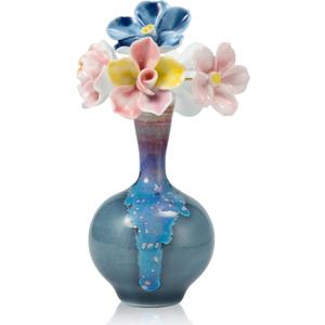 Small Ceramic Lake Blue Long-Neck Wide-Mouth Pottery Vase with Five Ceramic Flowers