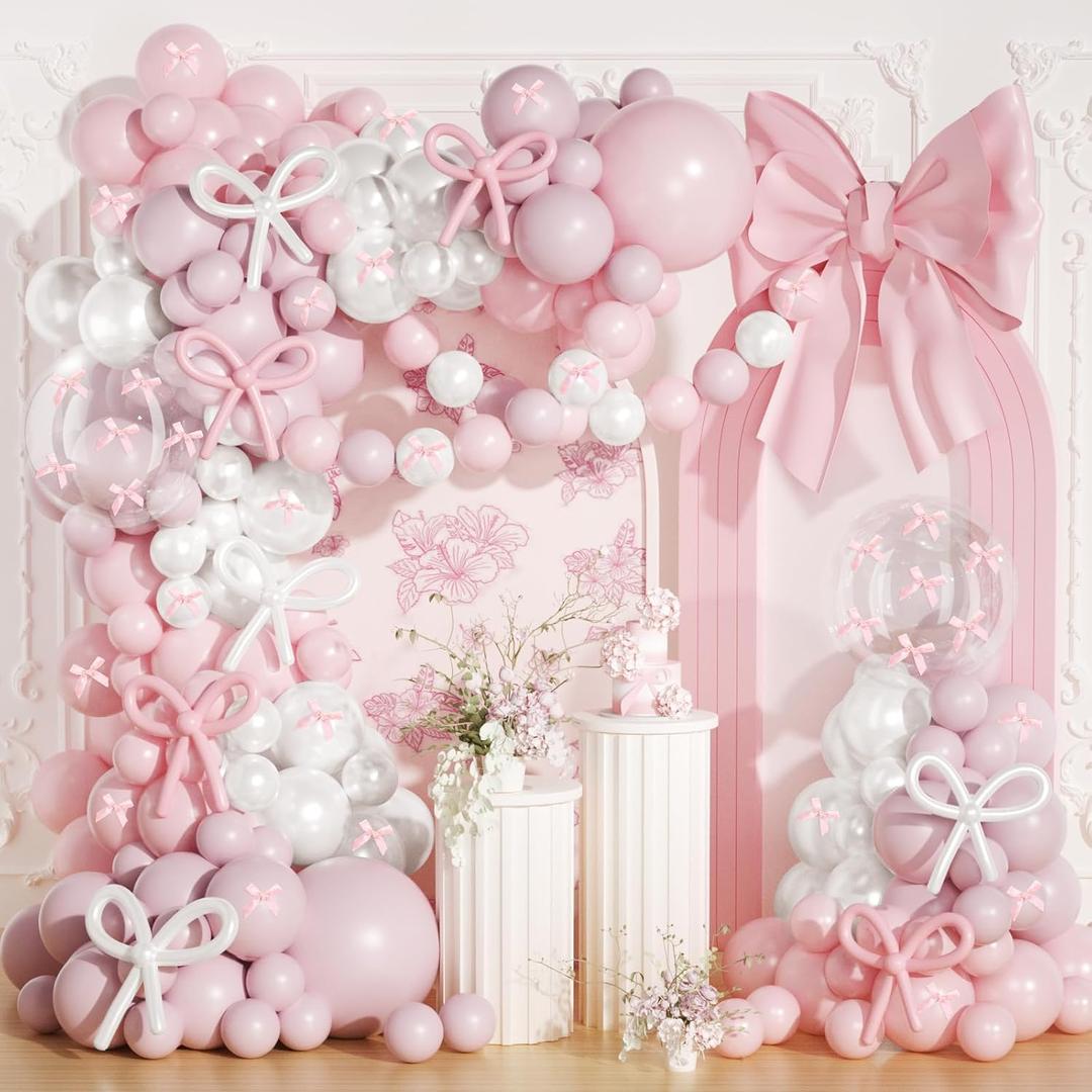 Pink and White Bow Balloon Arch Kit,JOGAMS 199Pcs Coquette Birthday Decorations with 260 Bubble Pearl White Balloons Ribbon Bow for Coquette Bow Birthday Baby Shower Wedding Bachelorette Bridal Shower