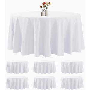 6 Pack Round Tablecloth 132 Inches White Table Cloth Stain and Wrinkle Resistant Washable Polyester Fabric Table Cover for Party, Wedding and Banquet Decoration