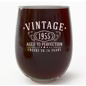 Vintage 1955 Etched 17oz Stemless Wine Glass  Happy 70th Birthday Gifts for Women Men, Cheers to Turning 70 Year Old Decorations Decor, 70th Bday Party Favors Supplies, Best Gift Ideas Her Woman 1.0