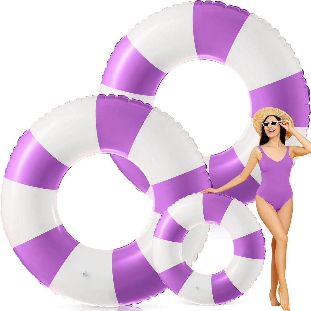 Jumbo Pool Floats 48 Inch Swimming Ring Purple Striped Pool Rings Inflatable Tube Pool Tube for Adult Swimming Pool Summer Beach Bachelorette Wedding Party Decor Supplies, Pack of 2 