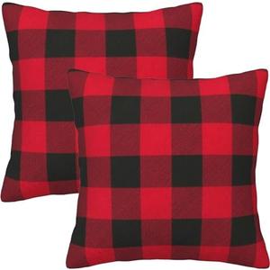 Jashem Plaid Throw Pillow Cover 18x18 Inch Cotton Cushion Cover Black and Red Buffalo Check Pillow Case for Modern Home Decor Set of 2 (Big Plaid red Black)