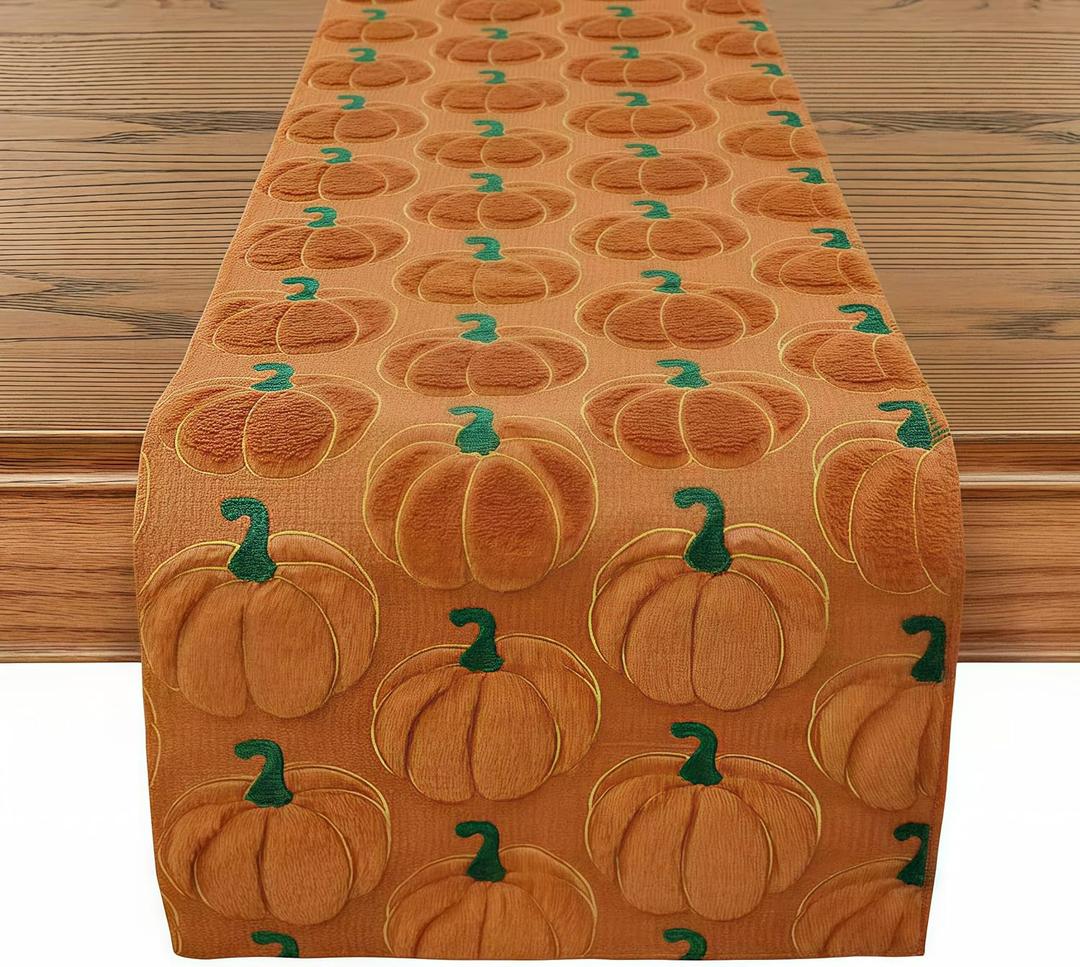 Soft Plush Faux Fur Jacquard Pumpkins Fall Rustic Table Runner, Seasonal Autumn Kitchen Dining Fall Table Decoration Halloween Table Runner for Home Party Decor 13x72 Inch Thanksgiving Decorations