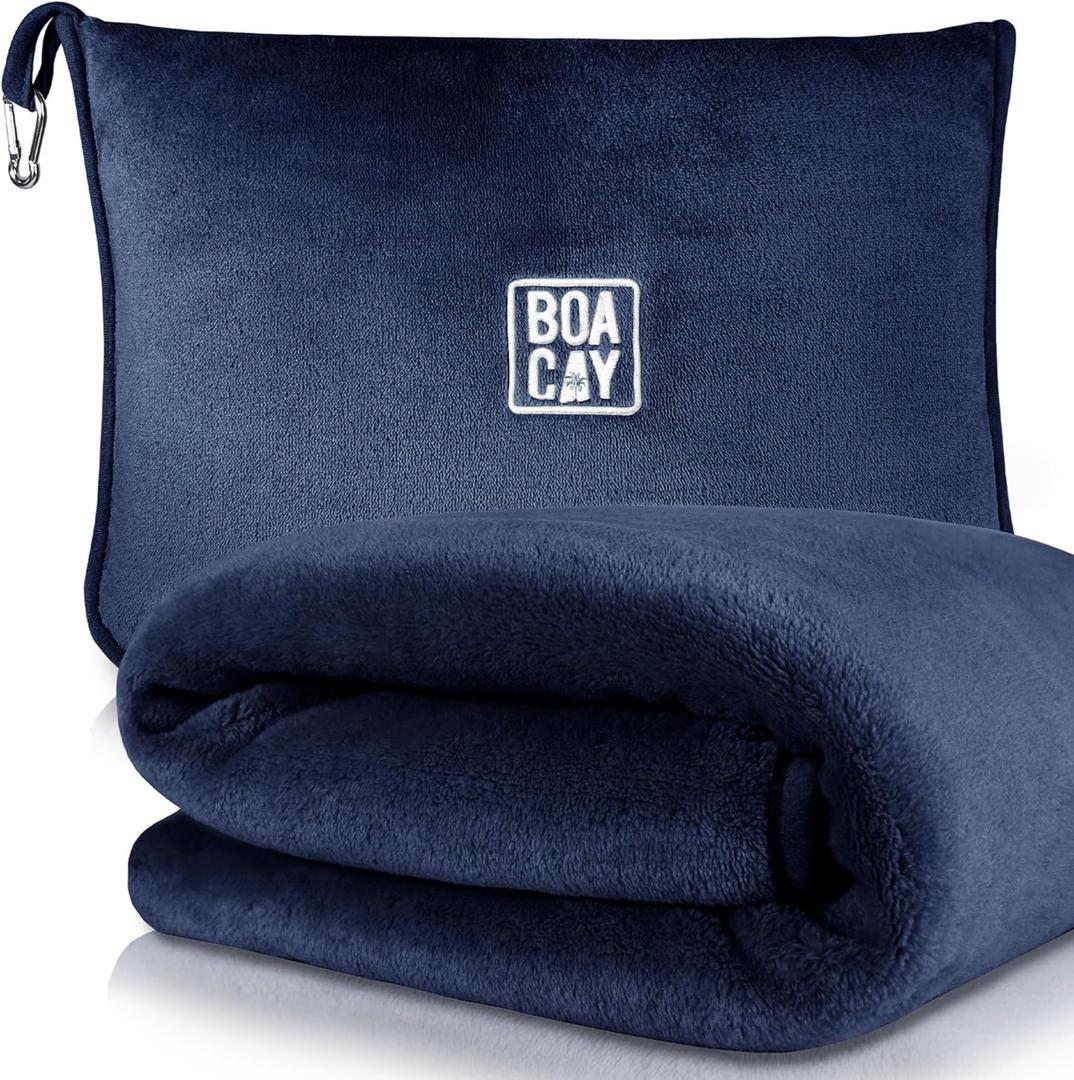 BOACAY Soft & Warm Travel Blanket for Airplane & Car - Long Flight Essential for Women, Men, Kids - Compact Pillow with Luggage Sleeve & Backpack Clip (Single, Navy Blue)