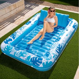 SLOOSH Inflatable Tanning Pool Lounger Float, 85" x 57" Extra Large Pool Floats Adult with Pillow, 4 in 1 Suntan Tub Raft Floatie,Sunbathing Bed Lounge for Water Blow Up Ball Pit Party Gifts, XL-Blue