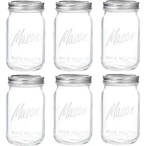 WELLIFE Wide Mouth Mason Jars, 6 Pack Mason Jars 32 oz for Pickling, Canning, Fermenting and Food Storage, Microwave & Dishwasher Safe
