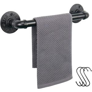Industrial Pipe Towel Rack Towel Bar, Heavy Duty Wall Mounted Rustic Farmhouse Bath Towel Holder for Bathroom (Black, 12 inch)