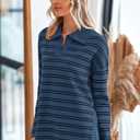 MASCOMODA Womens Sweaters Fall 2025 Oversized Striped Sweater Long Sleeve Polo V Neck Loose Side Slit Knitted Tunic Tops (Blue, L)