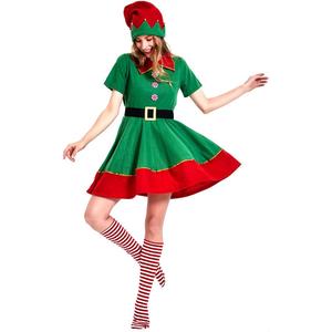 Women's Holiday Christmas Elf Costume Dress With Hat Sock Elf Costume for Women (Small)