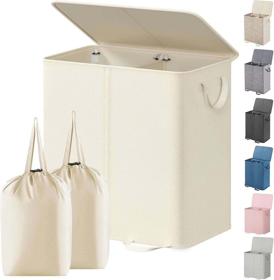 Lifewit Double Laundry Hamper with Lid and Removable Laundry Bags, Large Collapsible 2 Dividers Dirty Clothes Basket with Handles for Bedroom, Laundry Room, Closet, Bathroom, College, 136L Ivory White