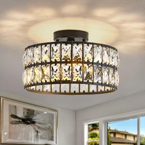HuixuTe Modern Bedroom Light Fixtures Ceiling, 12.5" Round Drum Crystal Chandelier 3-Light, Black Semi Flush Mount Ceiling Light for Dining Room Kitchen Hallway Living Room