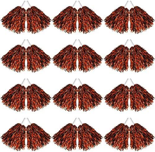 24 Pcs Cheerleading Pom Poms, 12.6 Inch Plastic Cheer Pompoms with Handle, Metallic Foil Cheerleader Poms for Kids Adult for Team Sports Party Dance Cheering Squad Accessories (Black and Orange)