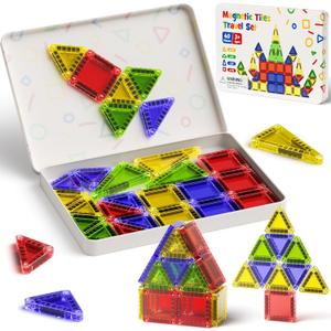 Portable Magnetic Tiles Travel Set 40PCS Travel Magnetic Building Blocks with Storage Box STEM Educational Toys for Airplane & Car Travel Christmas for Kids Ages 3-8