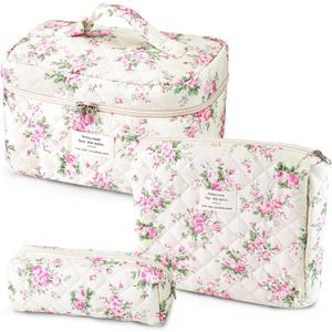 Givurao 3Pcs Cotton Quilted Makeup Bag for Women Girls, Large Floral Cosmetic Bag Set Cute Makeup Brushes Aesthetic Accessories Storage Bag Pink Flower Travel Toiletry Bag Organizer