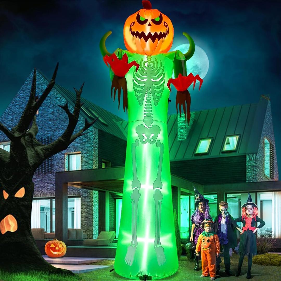 12FT Halloween Inflatable with LED Light, Kalolary Giant Pumpkin Halloween Outdoor Decoration Scary Pumpkin Skeleton Blow up Inflatable for Home Family Party Halloween Holiday Yard Lawn Indoor Decor
