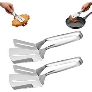 2PCS Stainless Steel Cooking Tongs with Double Sided Spatula, Grill Accessories Extended Anti-Scald Handle, Multifunctional Food Tongs For Cooking, Flipping Steak, Hamburger, Pizza, Fish and More