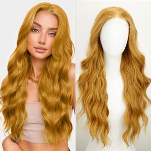 SUKRI 46 Lace Front Wigs for Women Mustard Pre Plucked Synthetic Wig Long Wavy Wigs for Women Heat Resistant Synthetic Hair Natural Hairline For Daily Party Use(26 Inch)