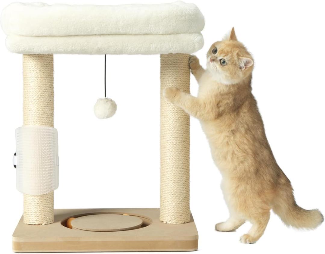 Small Cat Tree Tower Scratching Post with Perch Bed for Indoor Cats and Kittens,Track Ball Hanging Ball Toy Self-Massage Brush Beige