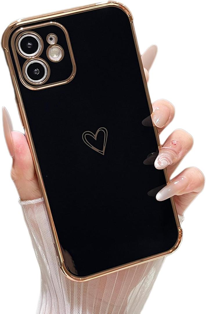 ZTOFERA Designed for iPhone 11 6.1 inch Case,Cute Plating Edge Love Hearts Pattern with Camera Lens Protection Phone Cover for Girls Women,Black