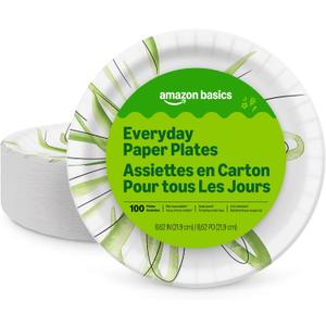 Amazon Basics Everyday Disposable Paper Plates, 8.62 Inch, Microwave-Safe, Cut Resistant, Soak-Proof, 100 Count