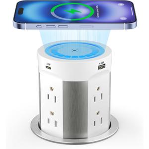 Kungfuking Pop Up Outlet for Countertop Kitchen, 15W Wireless Charger, 75W USB C Counter Top Electrical Power, 8 Outlets & 4 USB Ports, 4"Hole Recessed Popup Outlet for Island Conference Table Office (White)