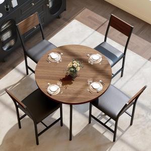 Pamapic Round Dining Table Set for 4, Kitchen Table and Chairs for 4, Dining Room Circle Dinner Pedestal Table, Solid Metal Frame, Space Saving Wood Kitchen & Dining Room Furniture, Walnut