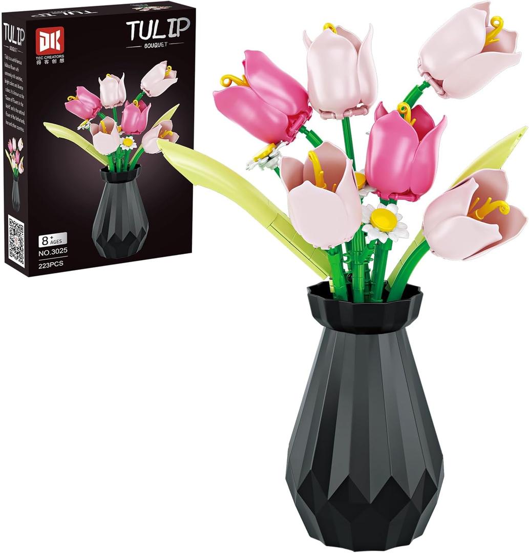 Artificial Flower Bouquet Building Set for Adult,Mini Plant Bonsai Tree Friend Set,Botanical Collection Gift for Kid,Tulip Building Blocks with Vase,Birthday Gift for Girl Mom Women Wife