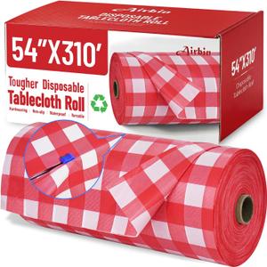 Plastic Table Cloth, 310 Ft X 54 in Disposable Tablecloth Red and White Checkered Tablecloth with Any Cut Sliding Cutters Premium PEVA Plastic Table Cloth Disposable for Picnic, Parties, Festivals