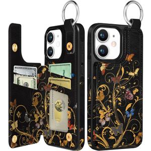 Shorogyt Compatible with iPhone 11 Wallet Case with Card Holder - Designer Golden Butterfly Pattern Kickstand Magnetic Clasp Back Flip Folio Leather Phone Covers for Women Men Girls