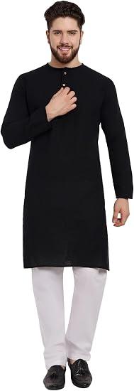 SKAVIJ Men's Handloom Cotton Solid Kurta Pajama Set Round Neck Casual Dress (KP117black_Black_L)
