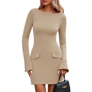 PRETTYGARDEN Womens Fall Long Sleeve Mini Dress 2025 Trendy Boat Neck Bodycon Knit Elegant Short Party Formal Dresses (Beige, M)
