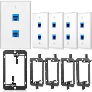 5 Pack Ethernet Wall Plate 2 Port Cat6 Outlet Jack RJ45 Keystone Coupler Female to Female 2Port with Low Voltage Mounting Bracket Network Cables Inline Wires Connector Double Blue